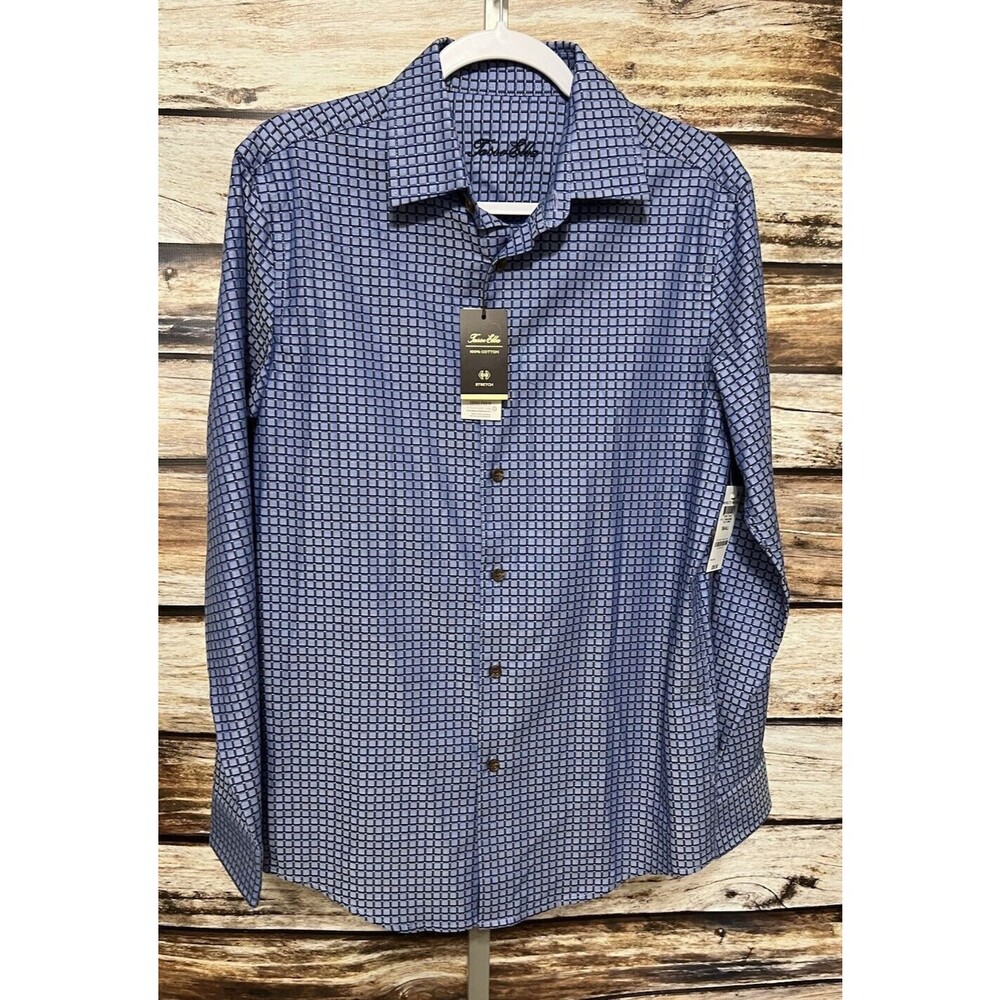 Tasso Elba Mens Button Up Shirt Blue Check Small Textured New